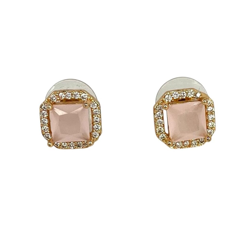 Chic Pink Halo Stud Earrings – Square-Cut Center Stone, Gold-Tone Setting